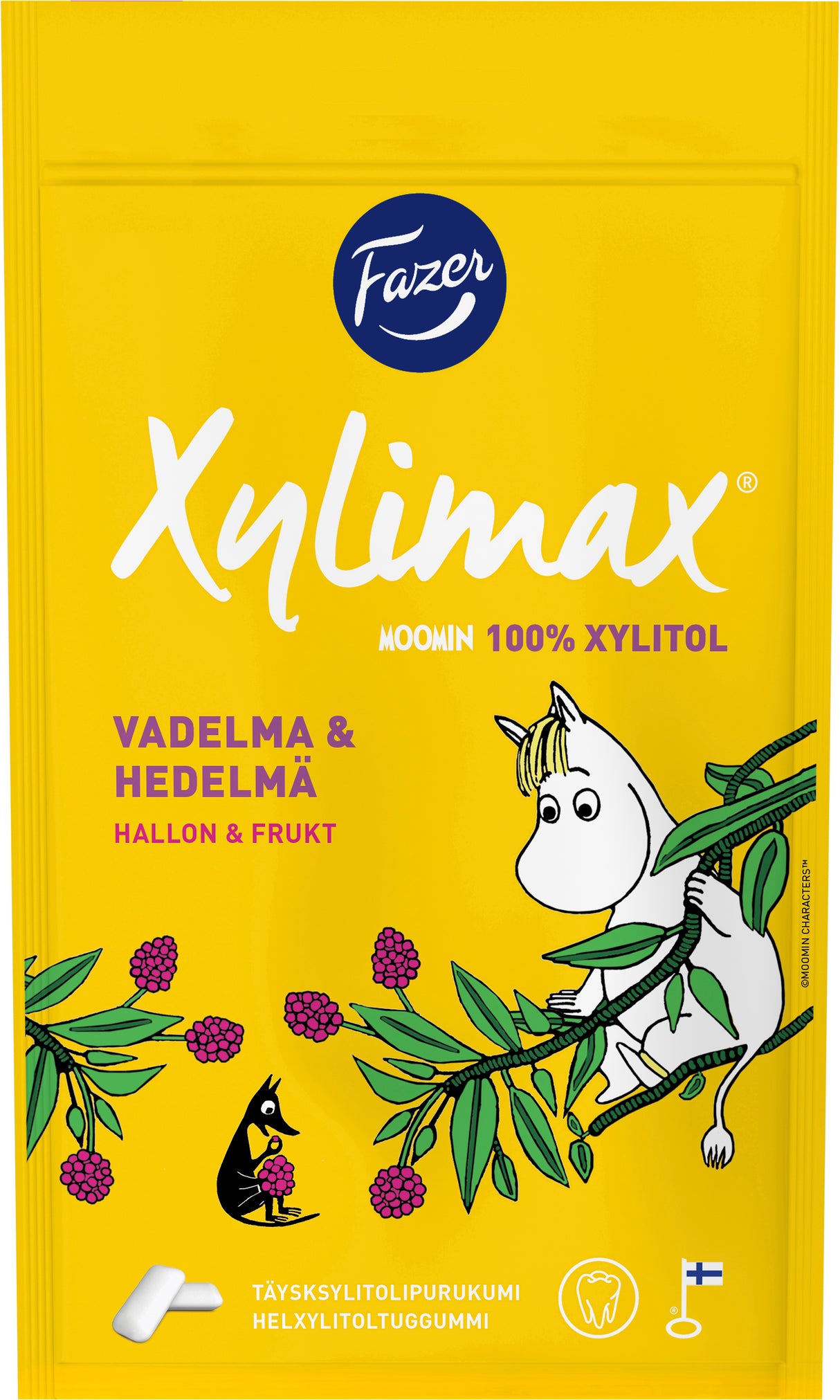 Fazer Xylimax Moomin Vadelman ja hedelmänmakuinen täysksylitolipurukumi 100g