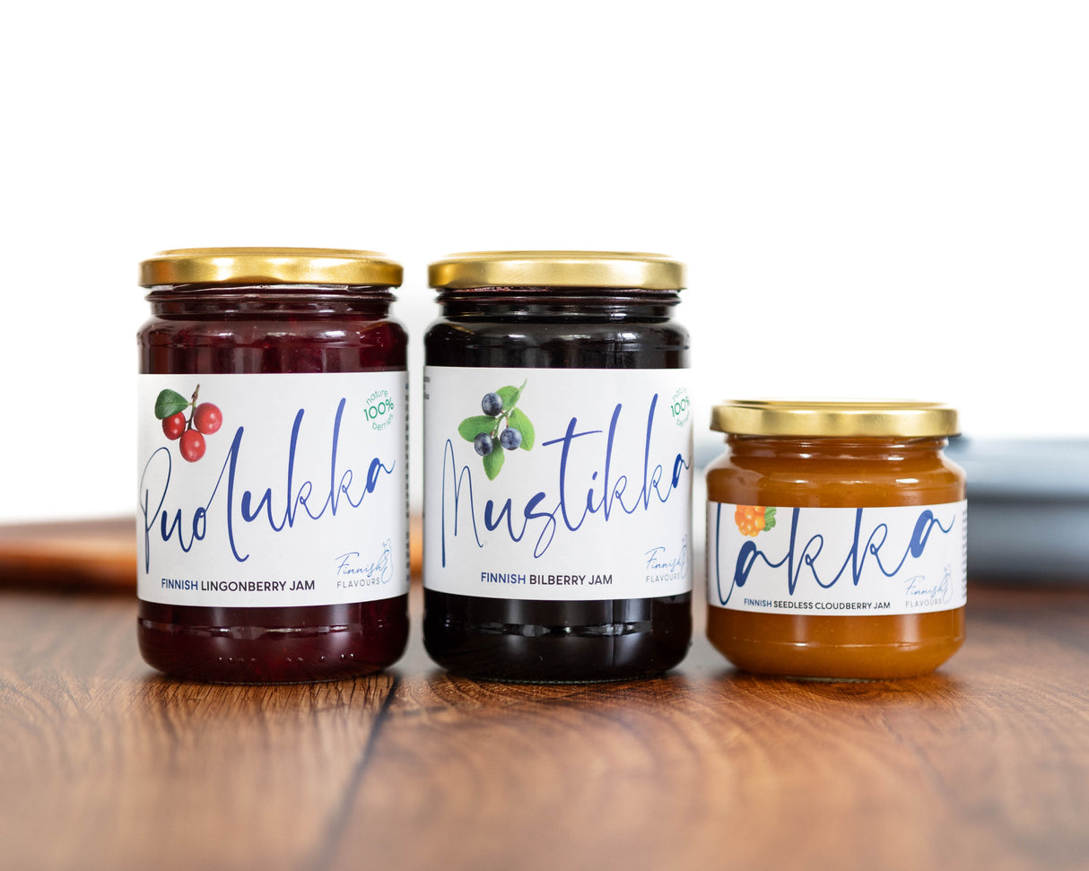 Finnish Flavours Suomalainen syltblandning, lingon-, blåbärs- och stenfri hjortronsylt
