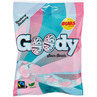 BUBS Goody vadelma/mustikka 90g ovaalinmuotoinen kirpeä vaahtomakeinen