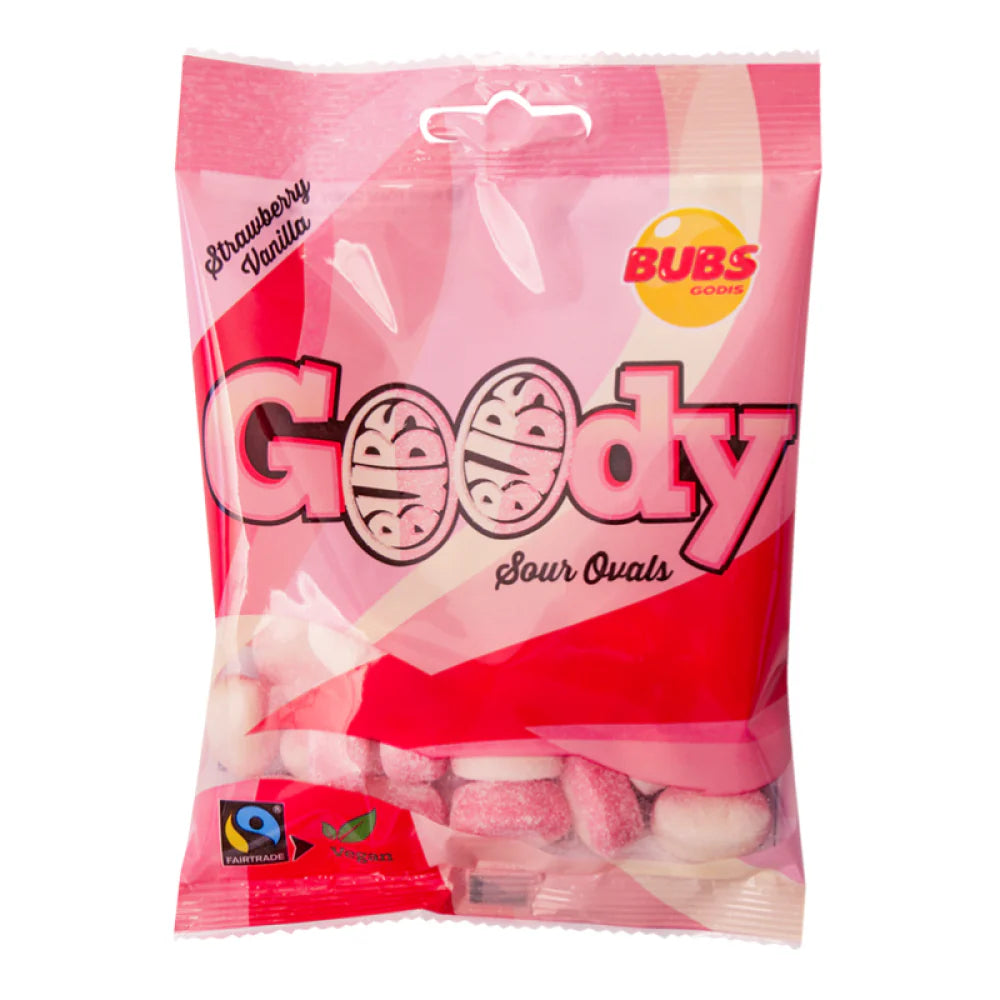 BUBS Goody mansikka/vanilja 90g ovaalinmuotoinen kirpeä vaahtomakeinen