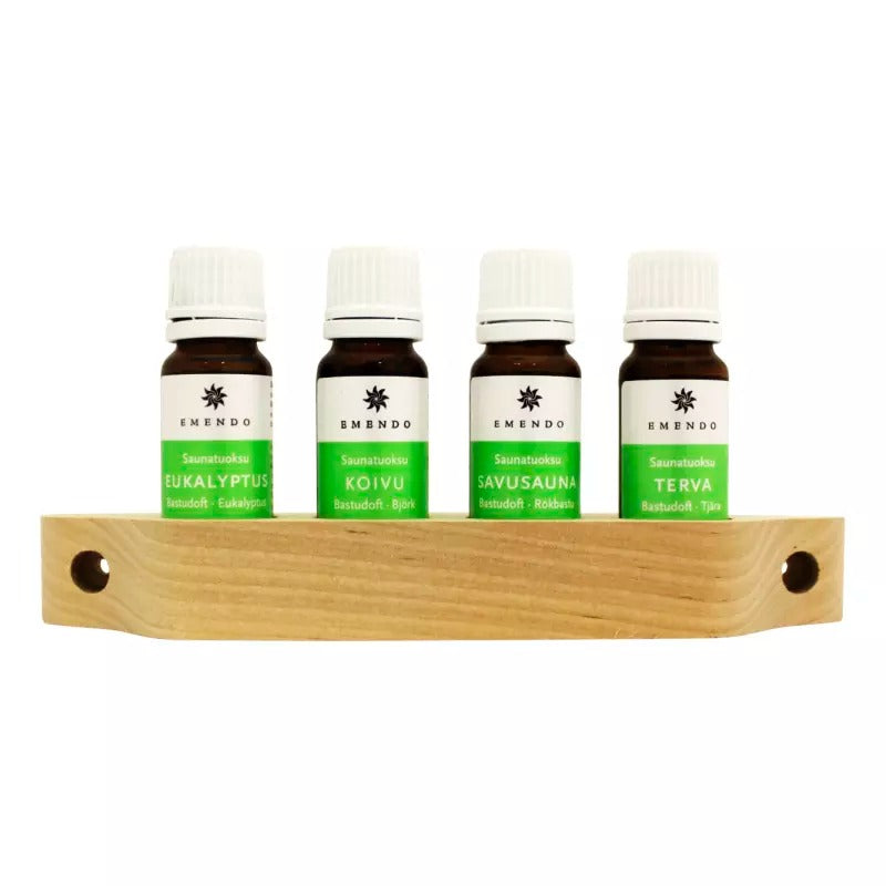 Emendo Sauna Scents Eucalyptus, Birch, Smoke Sauna And Tar 4x10ml with wooden stand