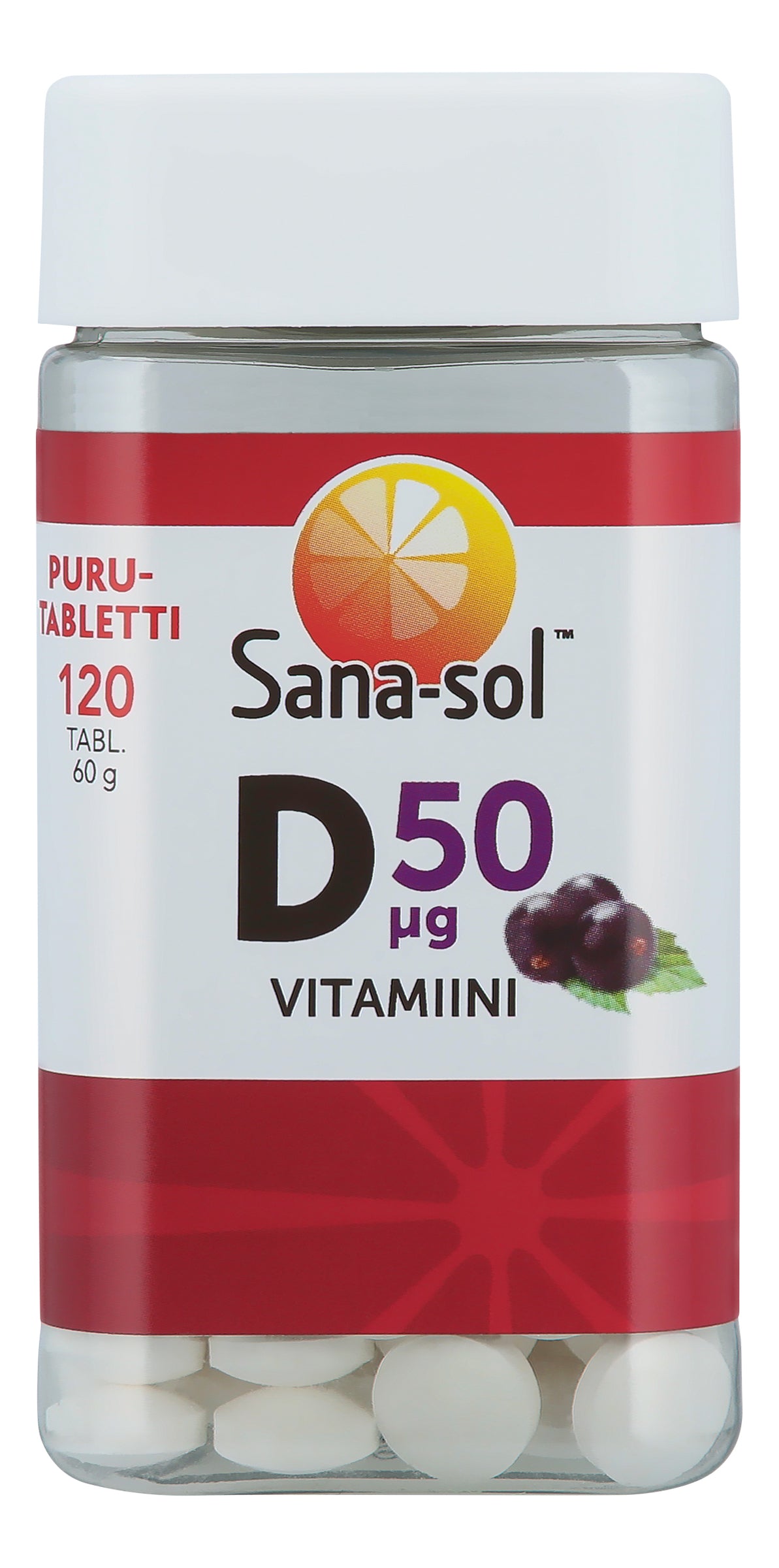 Sana-sol D-vitamiini 50µg mustaherukanmakuinen purutabletti ravintolisä 120tabl
