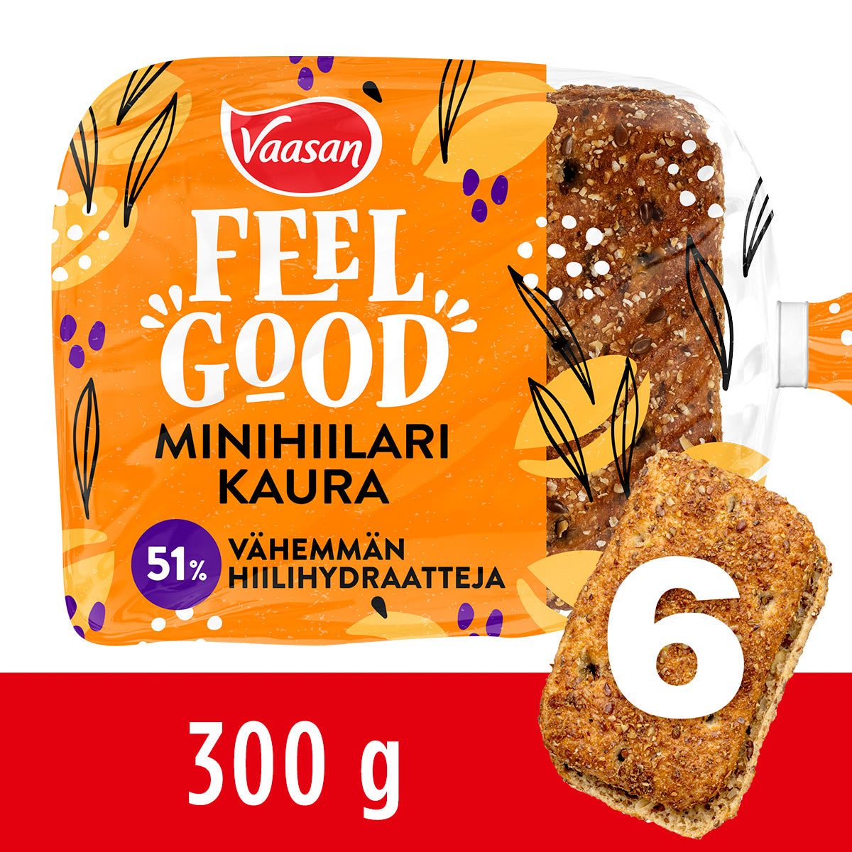 Vaasan Feel Good Minihiilari Kaura 300g 6 kpl vähähiilihydraattinen kauraleipä