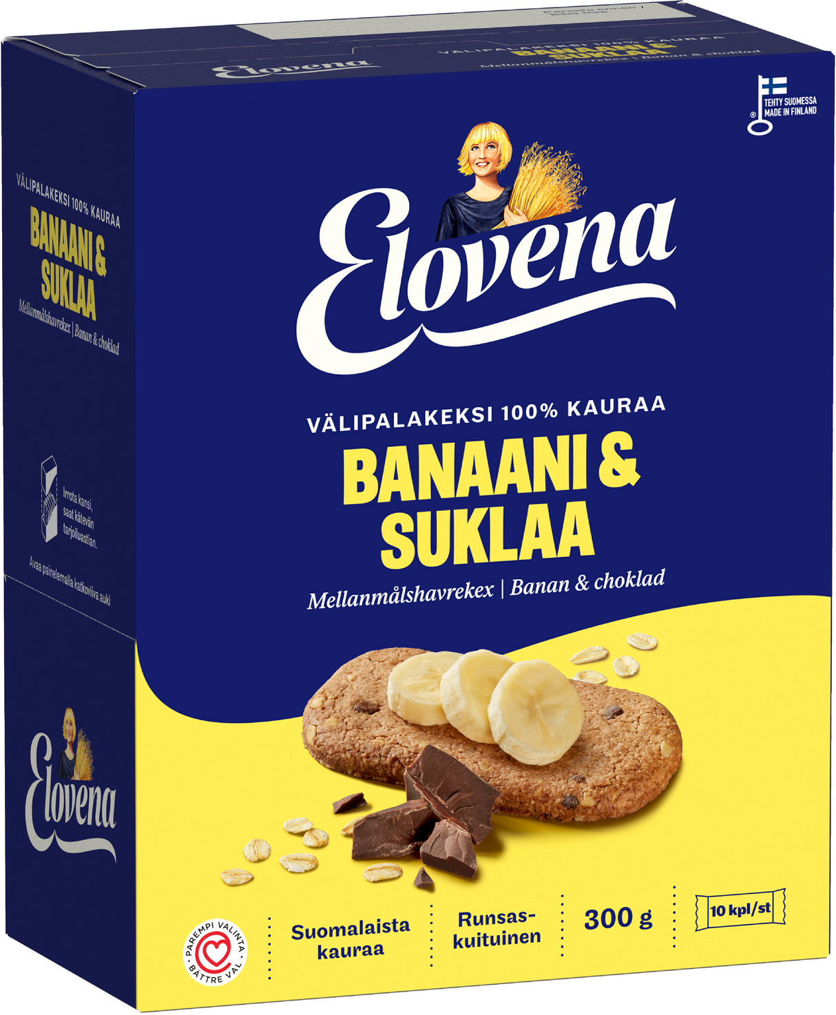 Elovena 10x30g banaani-suklaa täysjyvä välipalakeksi 100% kauraa