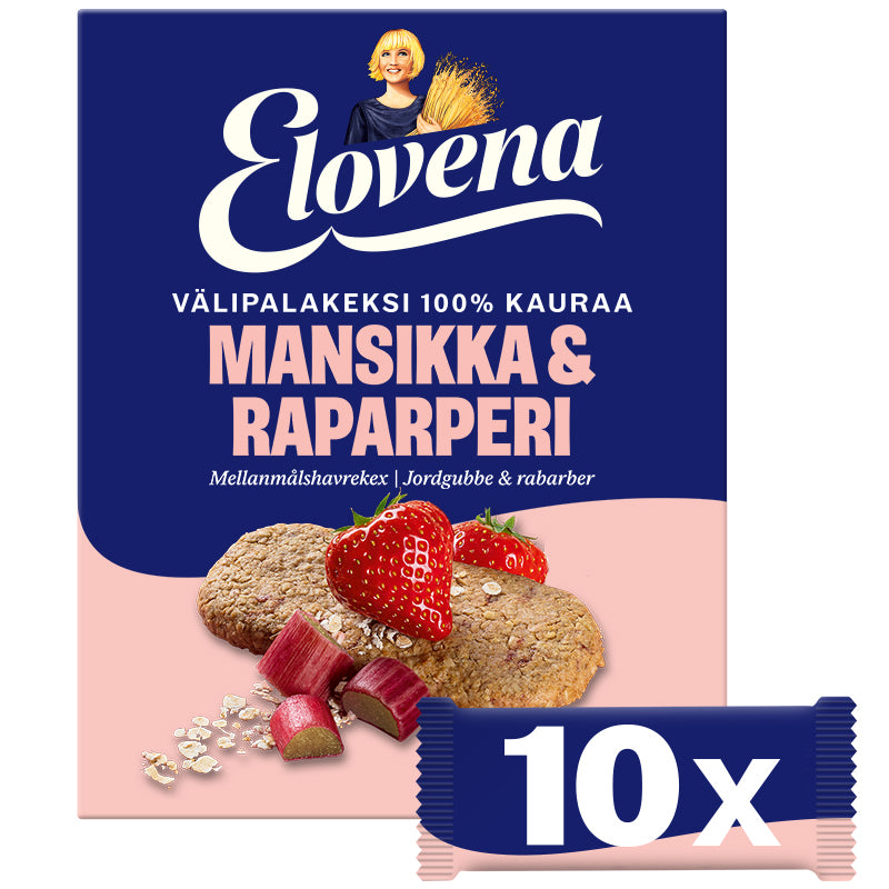 Elovena 10x30g mansikka-raparperi täysjyvä välipalakeksi 100% kauraa