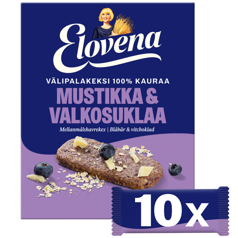 Elovena 10x30g mustikka-valkosuklaa täysjyvä välipalakeksi 100% kauraa