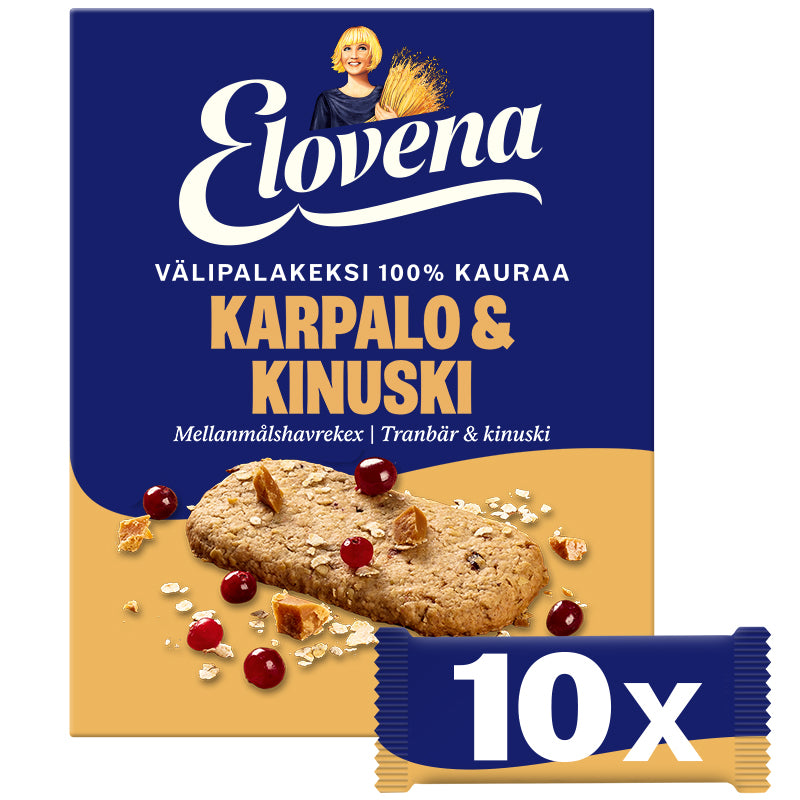 Elovena 10x30g karpalo-kinuski täysjyvä välipalakeksi 100% kauraa