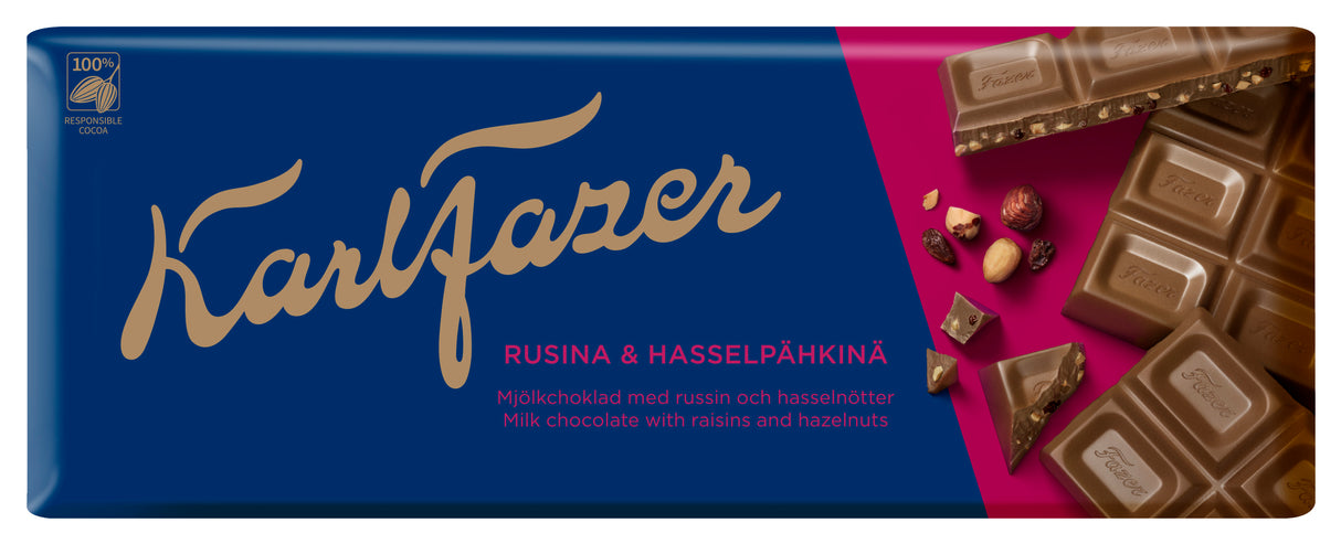 Karl Fazer russin och hasselnöts mjölkchokladkaka 200g