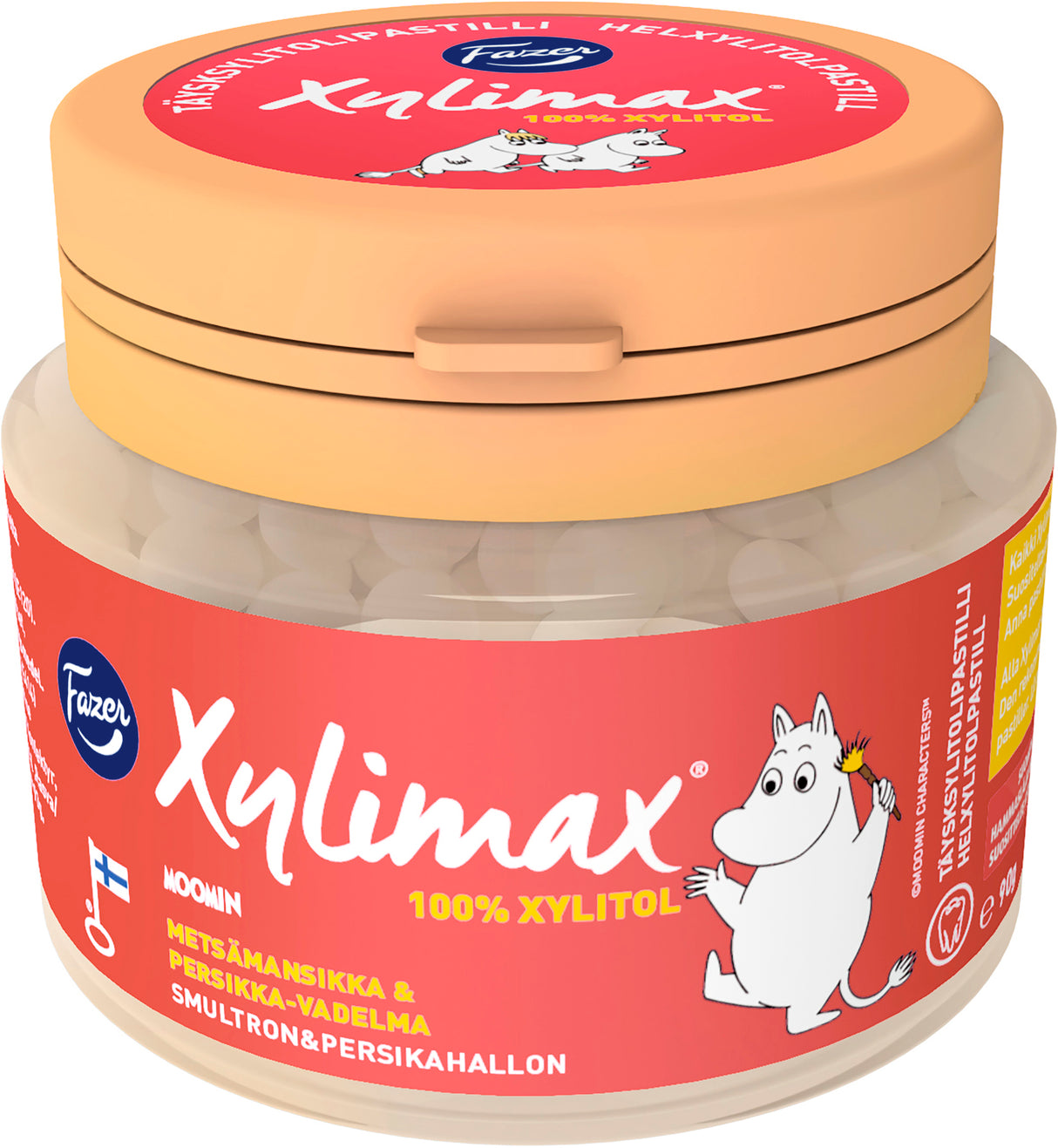 Fazer Xylimax Moomin metsämansikka-persikka-vadelma täysksylitolipastilli 90g