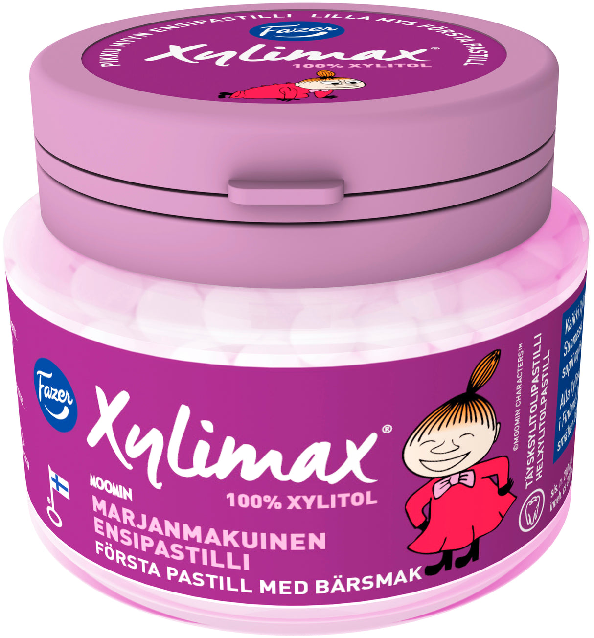 Fazer Xylimax Moomin 85g Pikku Myy bärsmakande första pastill, fullxylitolpastill