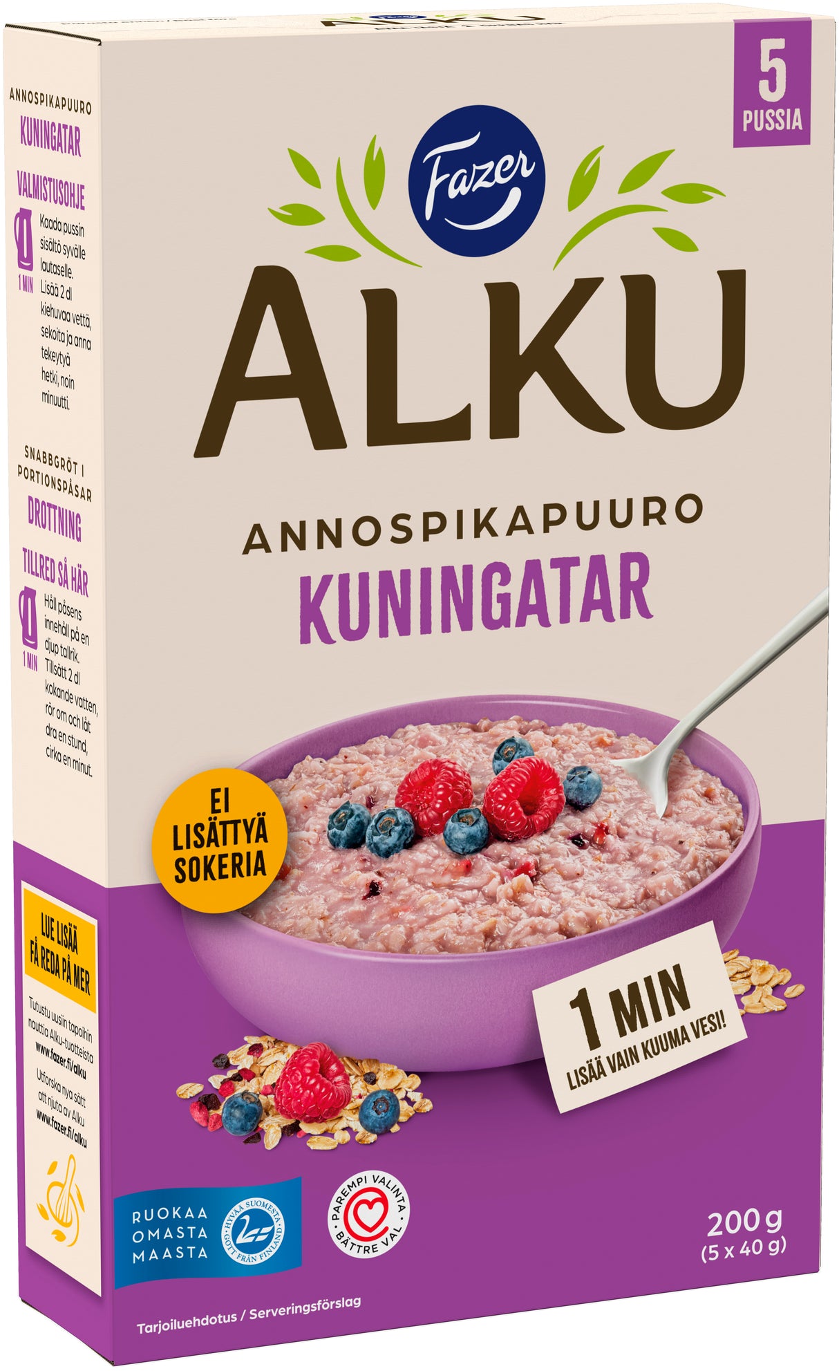 Fazer Alku Raspberry & blueberry single-serving instant porridge 200 g (5 × 40 g)