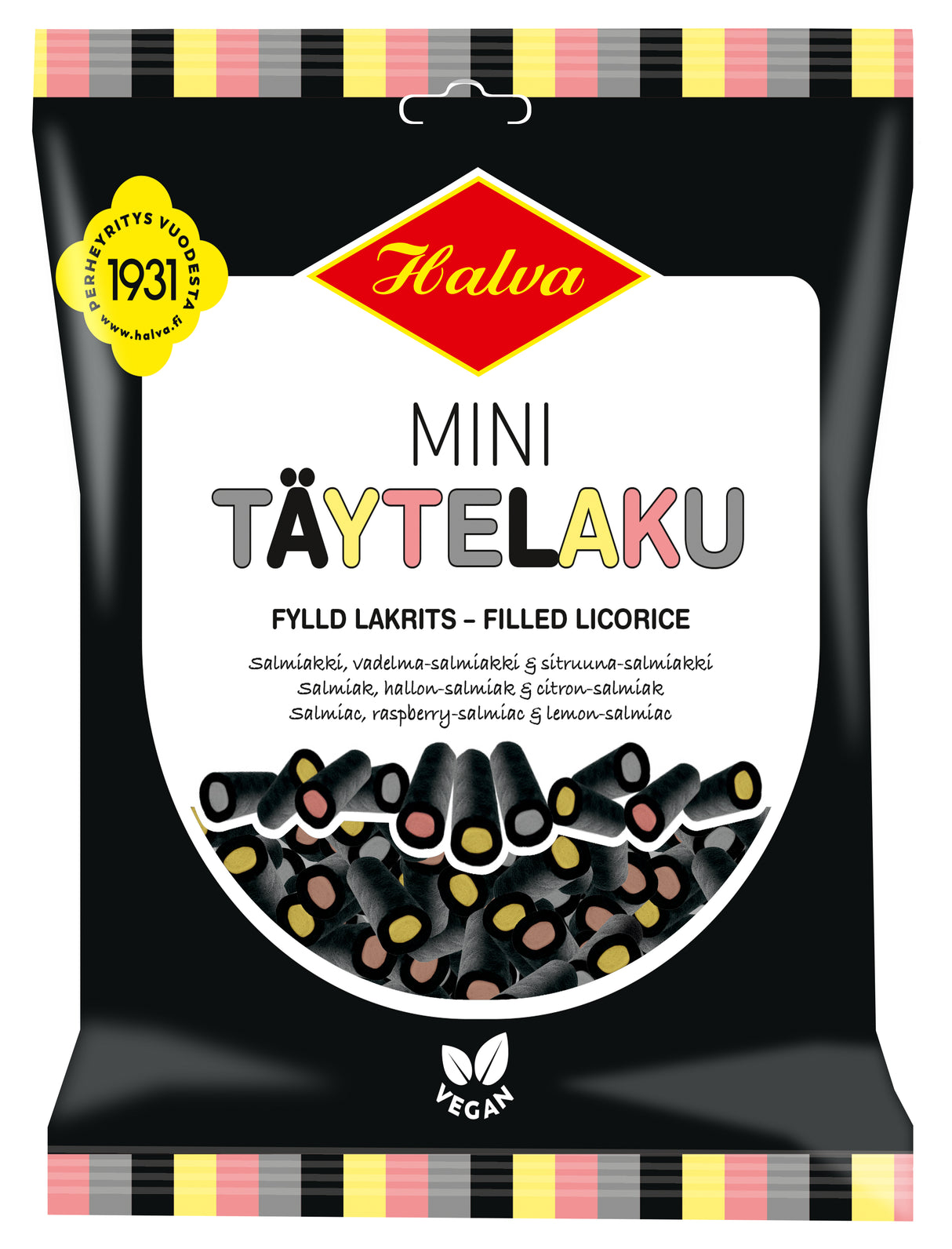 Halva Mini Täytelaku salmiakki, vadelma-salmiakki & sitruuna-salmiakki 150 g