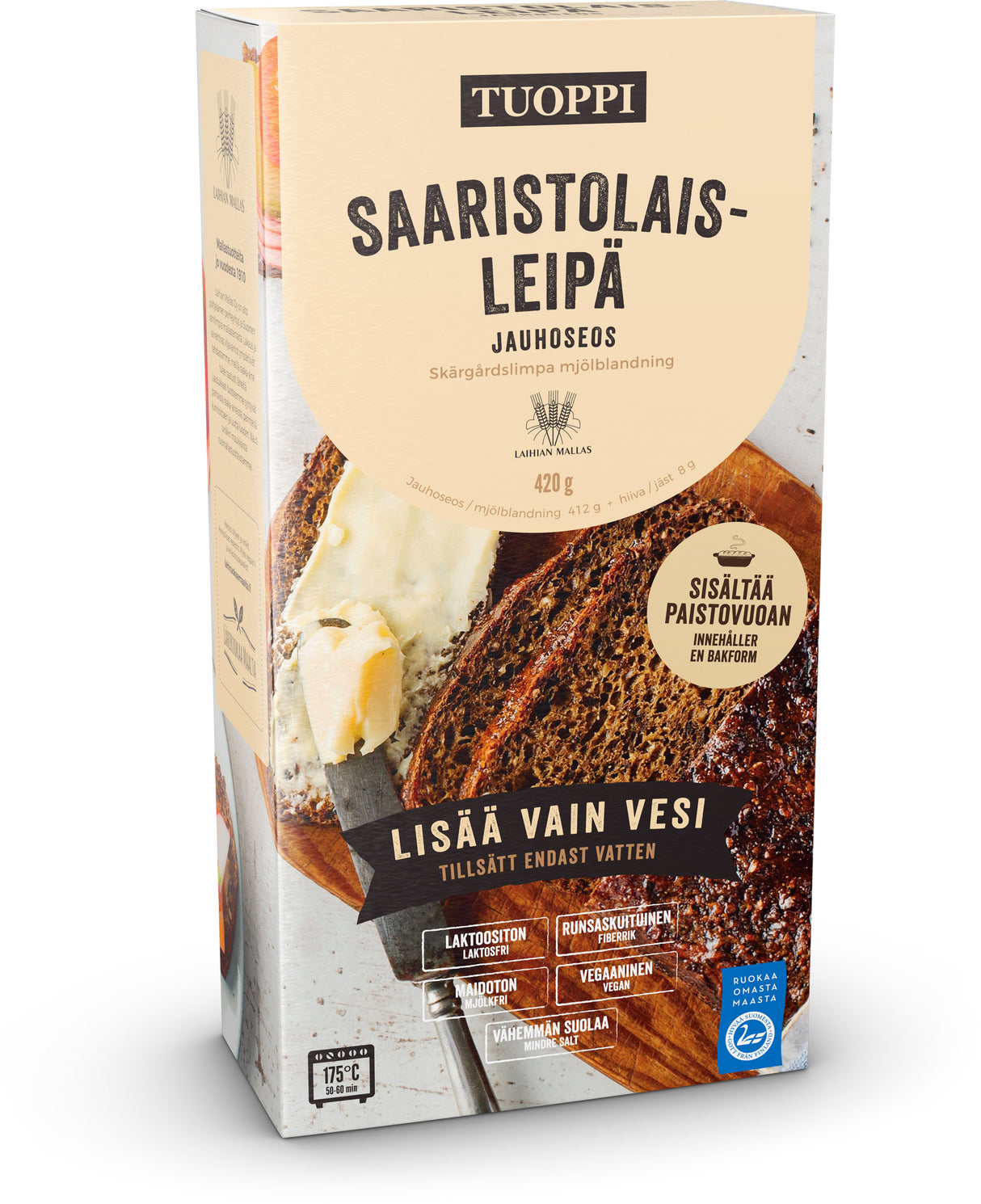 Tuoppi Skärgårdsbröd mjölblandning, laktosfri, mjölkfri, fiberrik, vegansk 420g