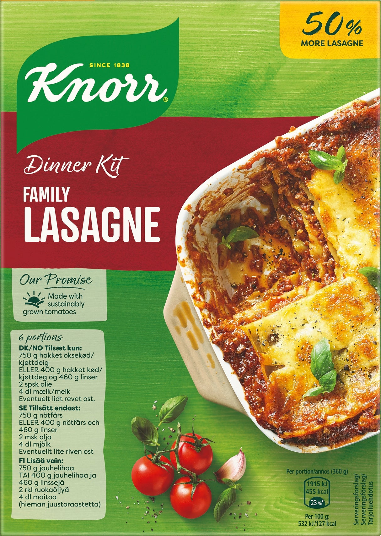 Knorr Familien-Lasagne Ateria-Zutaten  Kein Zucker hinzugefügt 350 g 6 Portionen