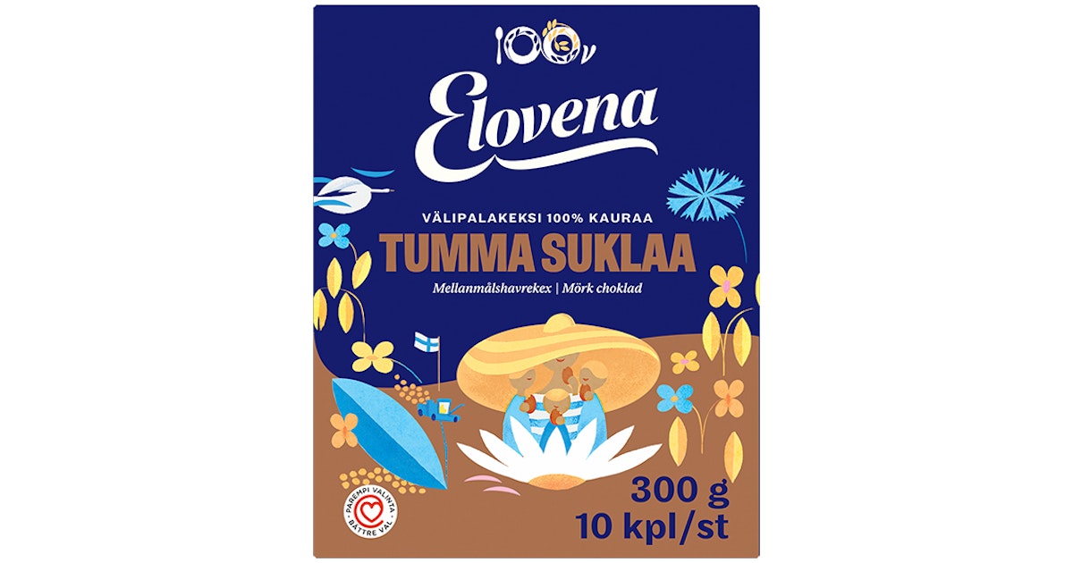 Elovena 10x30g tumma suklaa täysjyvä välipalakeksi 100% kauraa