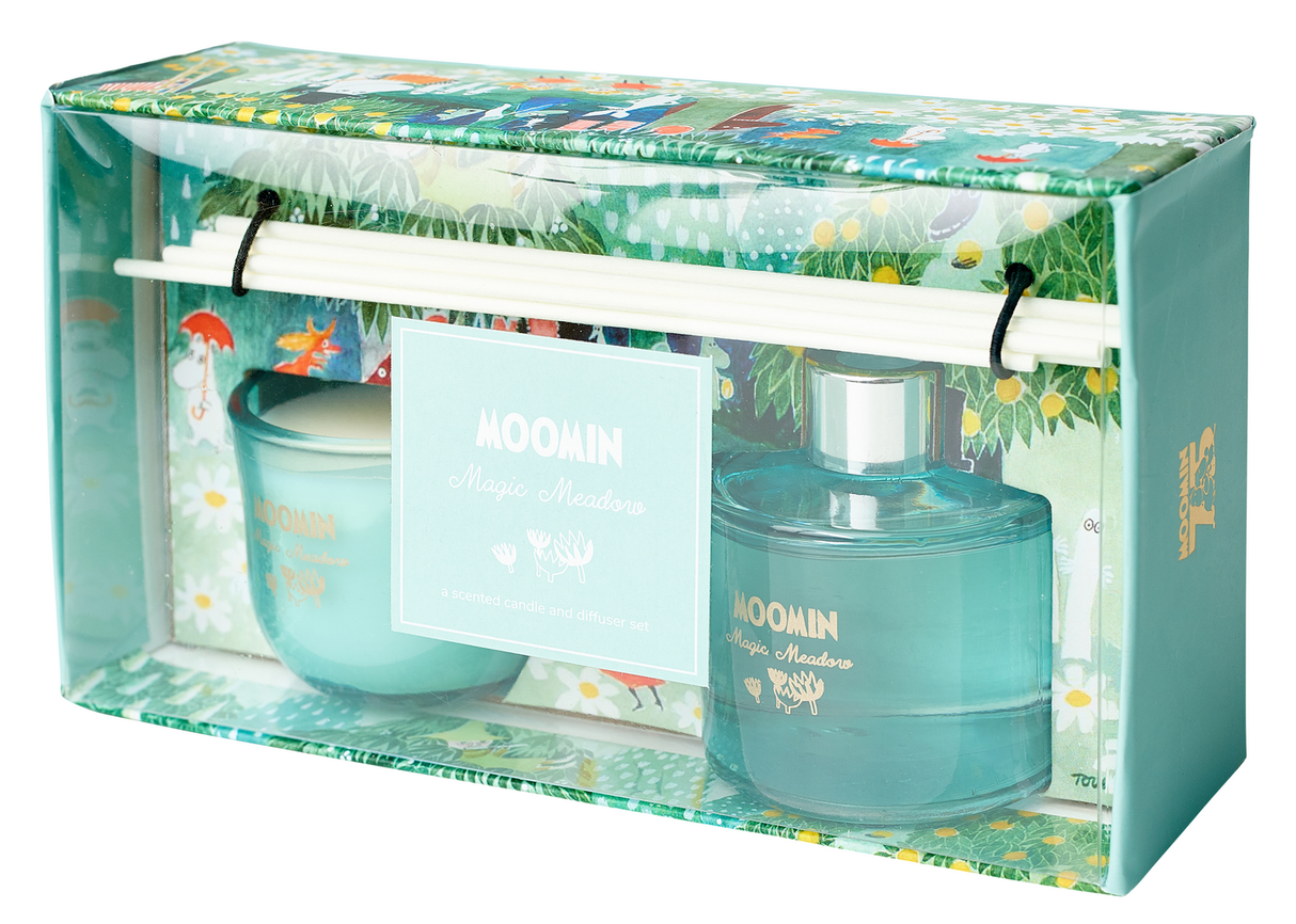 Moomin Magic Meadow gift set 1 pc room fragrance, 1 pc scented candle