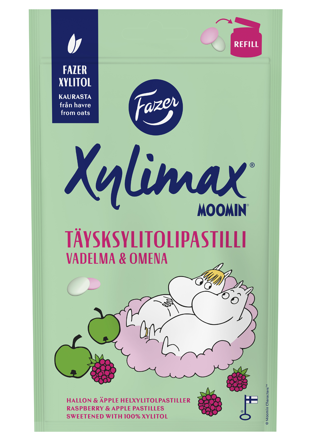 Fazer Xylimax Moomin vadelma ja omena täysksylitolipastillit 85g