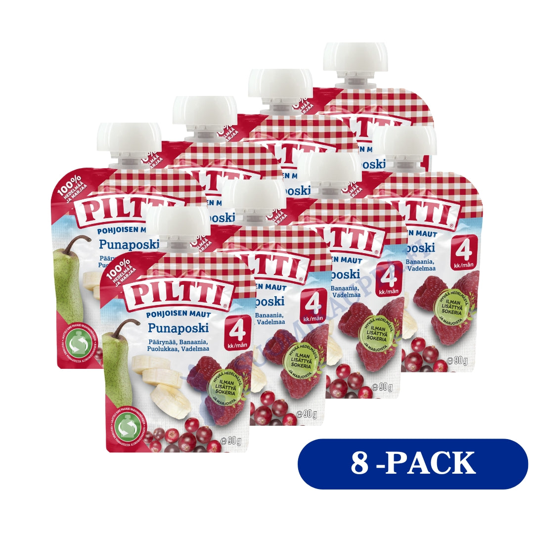 8 x Piltti Pohjoisen maut 90g Punaposki hedelmäsose 4kk annospussi
