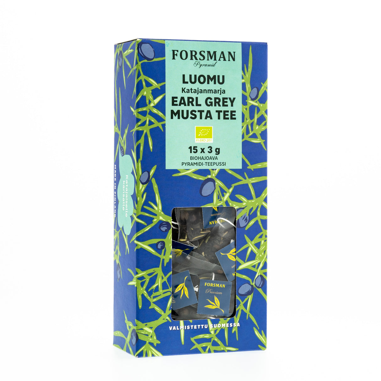 Forsman Pyramid Luomu Earl Grey- Wacholderbeere gewürzter schwarzer Bio-Tee 15x3g