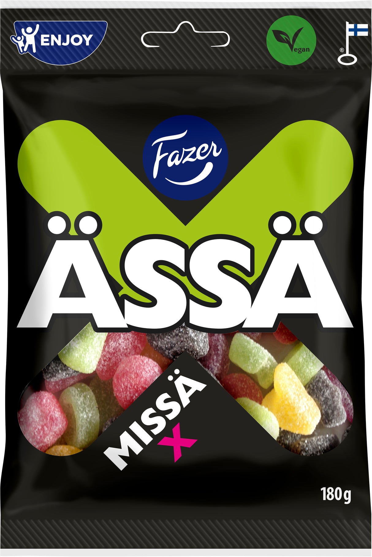 Fazer Ässä Missä X 180g sour fruit flavoured and liquorice candy bag