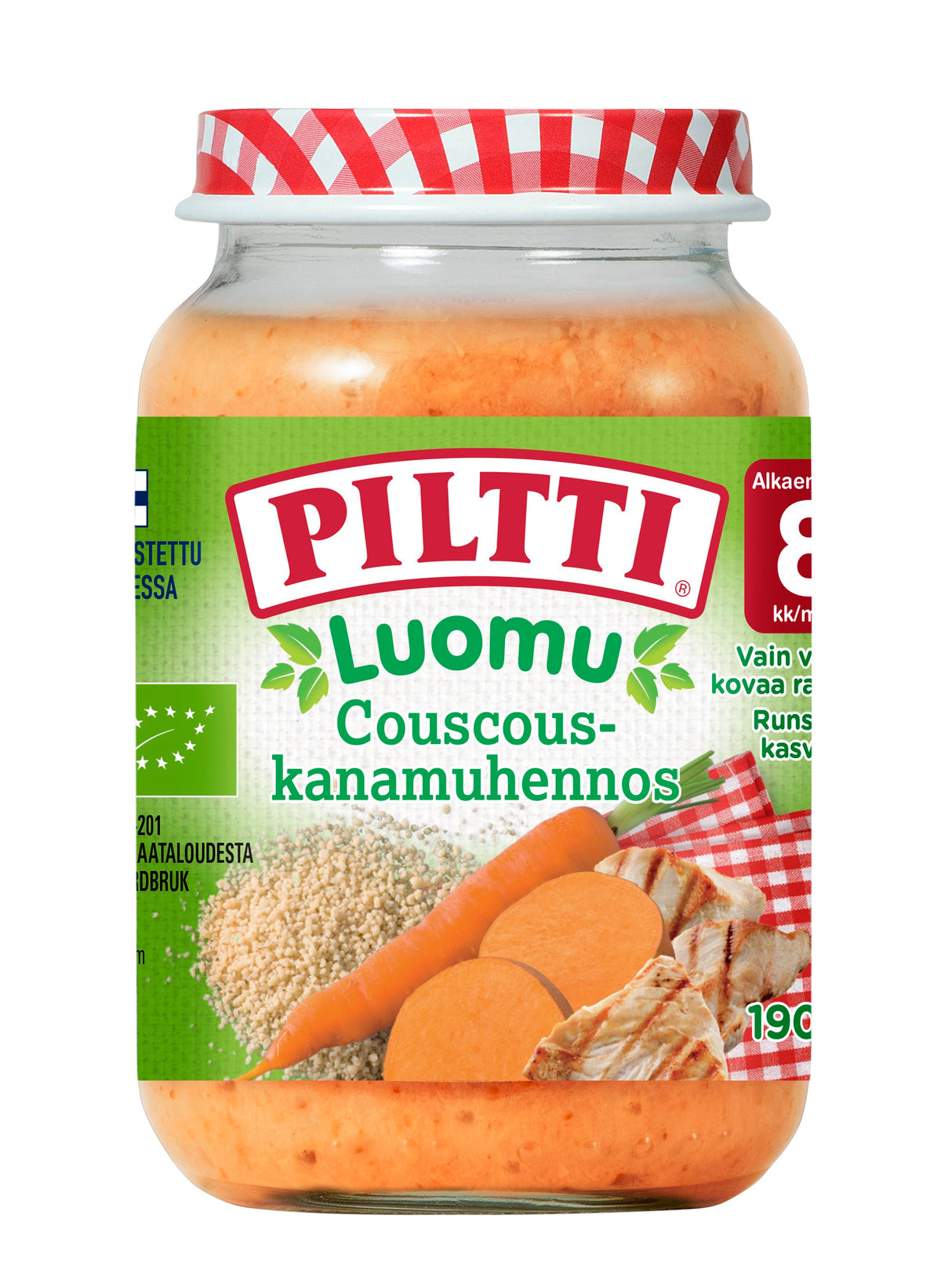 Piltti Luomu 190g Couscous-kanamuhennos lastenateria 8kk 12KPL SÄÄSTÖPAKKAUS