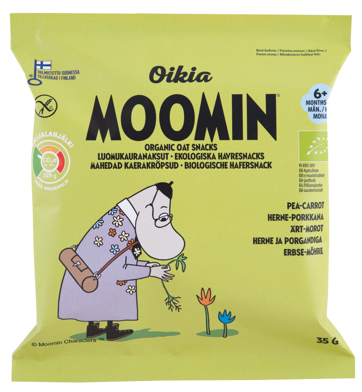 Oikia Moomin Luomukauranaksu herne-porkkana 6+ kk 35g