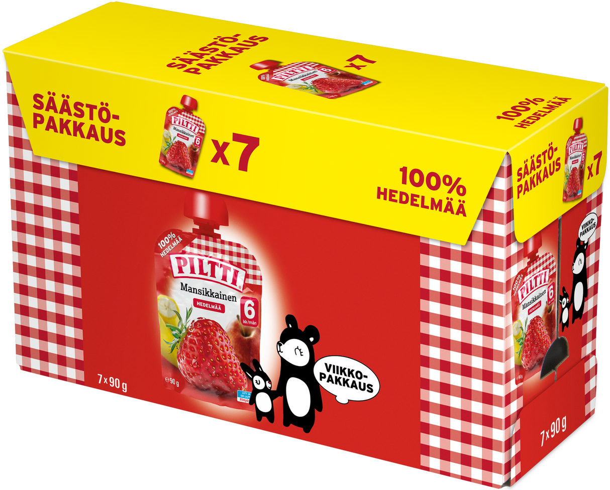 Piltti 7x90g Mansikkainen 100 % hedelmää 6kk annospussi SÄÄSTÖPAKKAUS