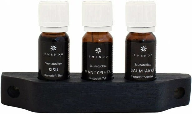 Emendo Sauna fragrances Salmiakki, Pine and Sisu 3x10ml with wooden stand